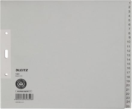 LEITZ kraftpapier-tabbladen, cijfers, A4 overbreed, 1-25,grijs