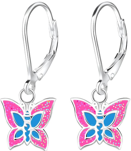 Joy|S - Zilveren vlinder oorbellen - roze blauw met glitters - leverback sluiting