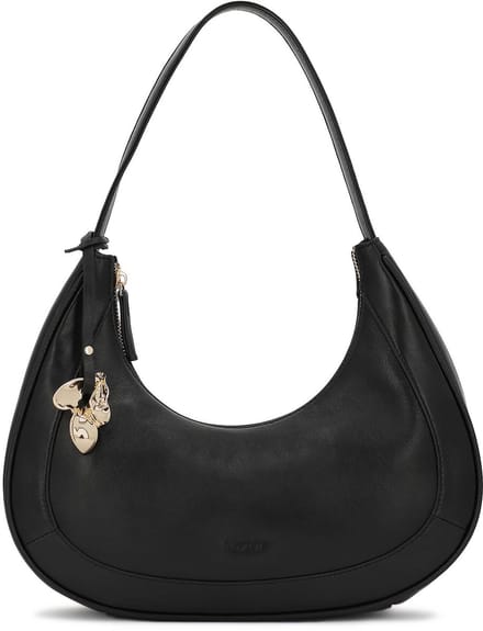 Black crescent shaped handbag with decorative key ring