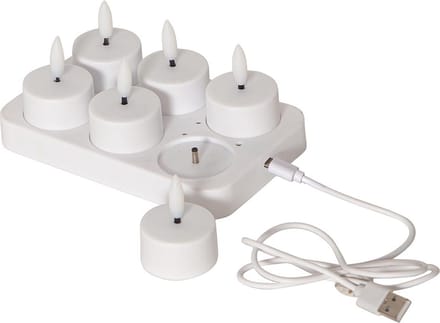 Star Trading theelichtset Flame Charge, 6 theelichtjes, wit, USB-kabel, oplaadplaatje, warm wit
