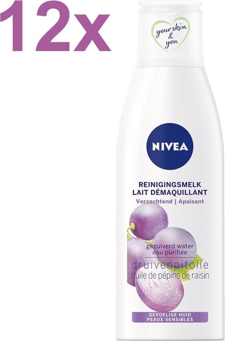NIVEA - Essentials Sensitive - Druivenpitolie - Reinigingsmelk - 12x 200ml - Voordeelverpakking