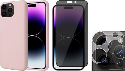 Hoesje geschikt voor iPhone 14 Pro - Privacy Screenprotector FullGuard & Camera Lens Screen Protector - Back Cover Case SoftTouch Roze