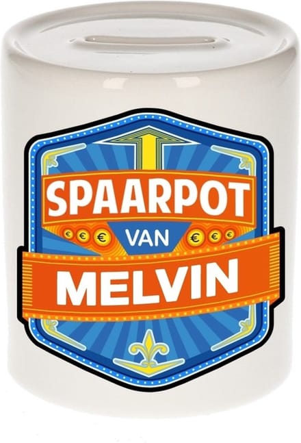 Bellatio Decorations Kinder spaarpot met naam - Melvin - keramiek - met dop - wit - Sparen - Spaargeld van Melvin