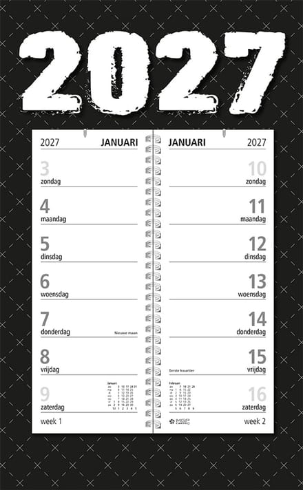 MGPcards - Omlegweekkalender 2027 - Week begint op zondag - 21 x 34 cm - Zwart