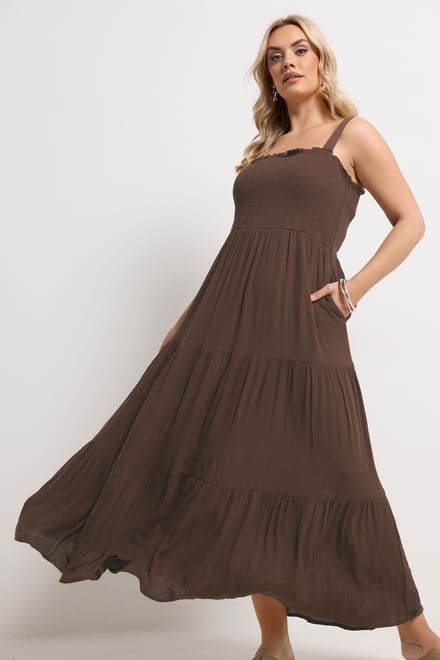 Yours Chocoladebruine Maxijurk Met Smokwerk Size 50-52
