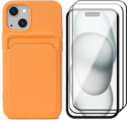 Hoesje Pasjeshouder geschikt voor iPhone 15 Plus - 2x Screenprotector FullGuard - Siliconen Case Back Cover Oranje & Screen Protector