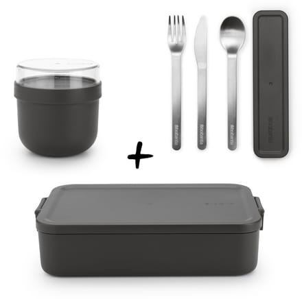 Brabantia Make & Take Set - Bento Lunchbox + Bestekset 3-delig + Yoghurtbeker - Dark Grey