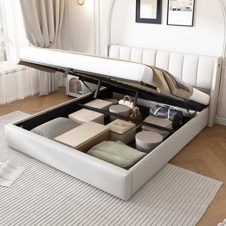 REDOM Bedframe 160x200 cm – PU wit – Met LED, USB & verstelbaar hoofdeinde – Modern