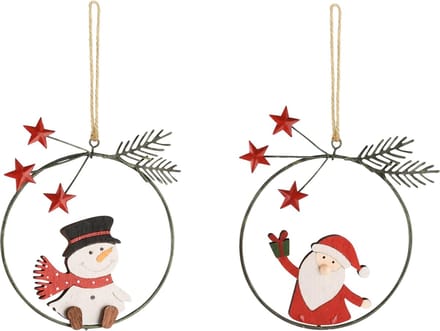 Dekoratief | Hanger ring m/santa/sneeuwman, rood/wit, metaal, 10x12x1cm, set van 2 stuks | A235664