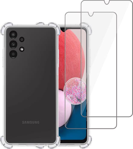 Hoesje geschikt voor Samsung A13 4G + 2x Screenprotector – Tempered Glass - Extreme Shock Case Transparant