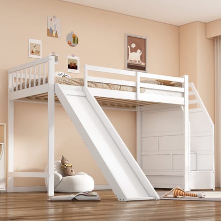 Stapelbed - 90x200 cm - Met Glijbaan En Afneembaar Hek - Verstelbare Ladder - Hout - Wit