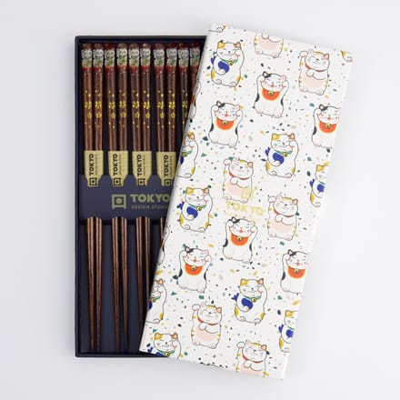 Tokyo Design Studio - Eetstokjes Set - Lucky Cat - 5 Paar - Hout - 22,5 cm - Geschenkset