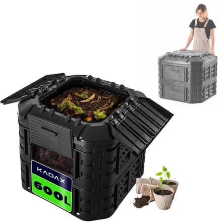 KADAX Module-composteersysteem, snelcomposter van kunststof, compostbak met drukknopen, zwarte thermocomposter met inklapbaar deksel (600 l)