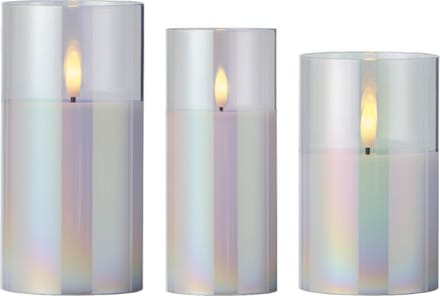 Lumineo luxe LED kaarsen - in glas - 3x st - transparant parelmoer - stompkaarsen - timer - stompkaarsen