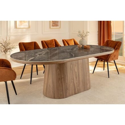 ovale eettafel walnoot grijs marmerlook tafelblad keramiek 200 cm