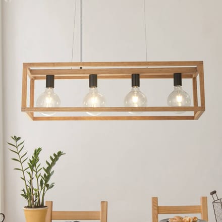 Searchlight Vierkante hanglamp, 4-lamps, 90 cm lang, bamboe, E27