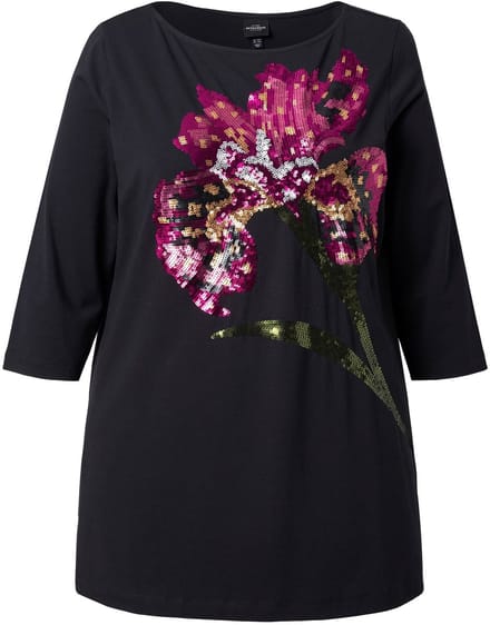 Ulla Popken - Dames - Sweatshirt A-lijn boothals 3/4-mouw modalmix - Zwart - Maat 42+