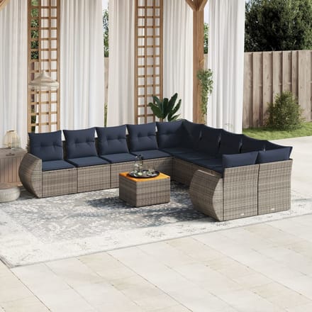 vidaXL - 11-delige - tuinbankset - met - kussens, - grijs - polyrotan