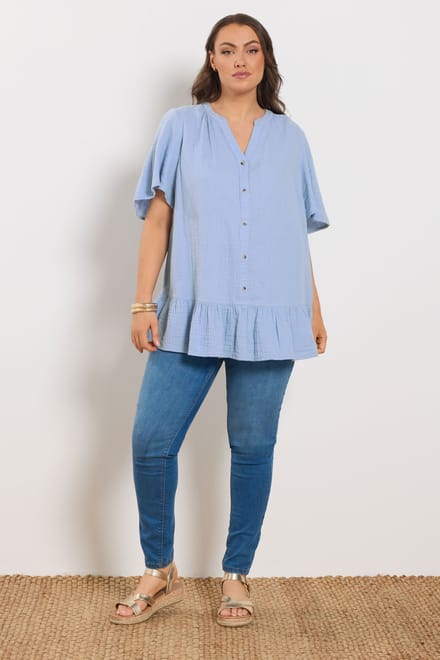 Yours Blauwe Mousseline Top Met Knoopsluiting Size 44