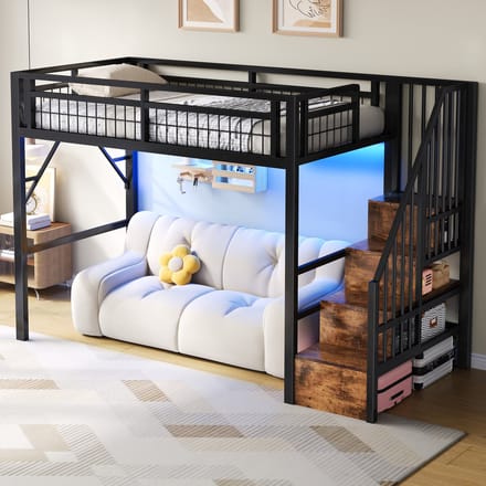 MODFU – Hoogslaper – 90x200 cm – LED & Opbergtrap – Open Onderruimte – Metaal – Zwart
