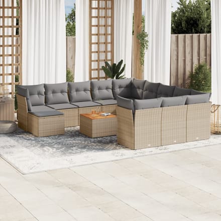 vidaXL - 13-delige - Loungeset - met - kussens - poly - rattan - gemengd - beige
