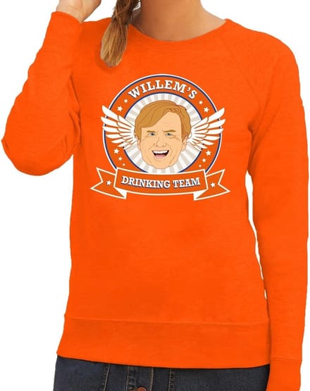 Koningsdag Willem drinking team sweater / trui oranje dames - Koningsdag kleding M