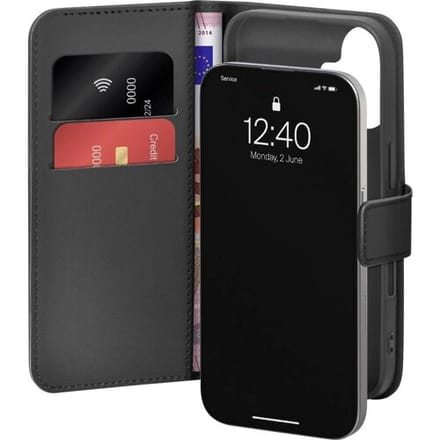Puro Wallet Stand case for iPhone 17 made of faux-leather with a flap wallet and stand function - black