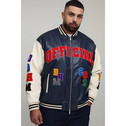 Plus Oversized Fit Badge Applique PU Varsity Bomber Jacket | Navy | Size 2XL