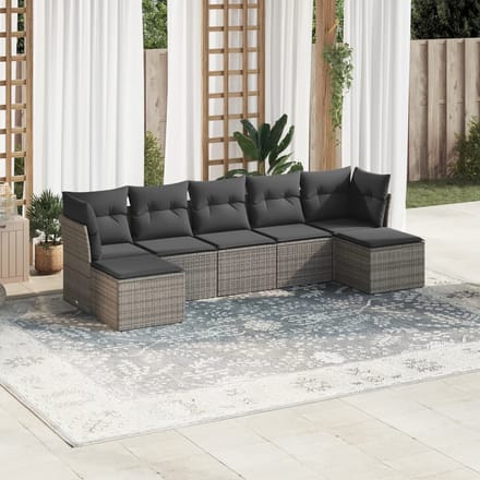 vidaXL - 7-delige - Loungeset - met - kussens - poly - rattan - grijs