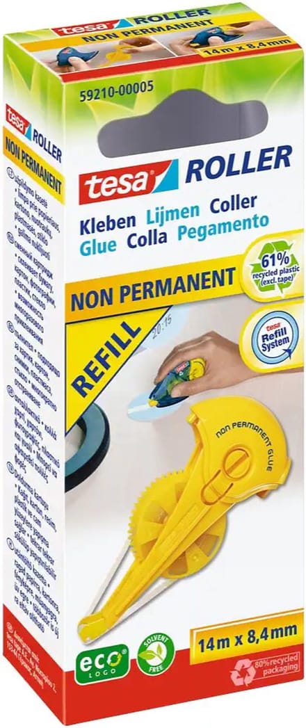 tesa® Lijmroller Niet-Permanent ecoLogo®, herplaatsbaar, 14m:8,4mm, navulsysteem ( inclusief 5 navullingen )