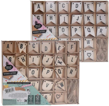 Houten letters knutselset vlagvormen 84 stuks decoratie.