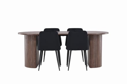 Härön eethoek tafel 90x200cm en 4 velours stoelen mocca.