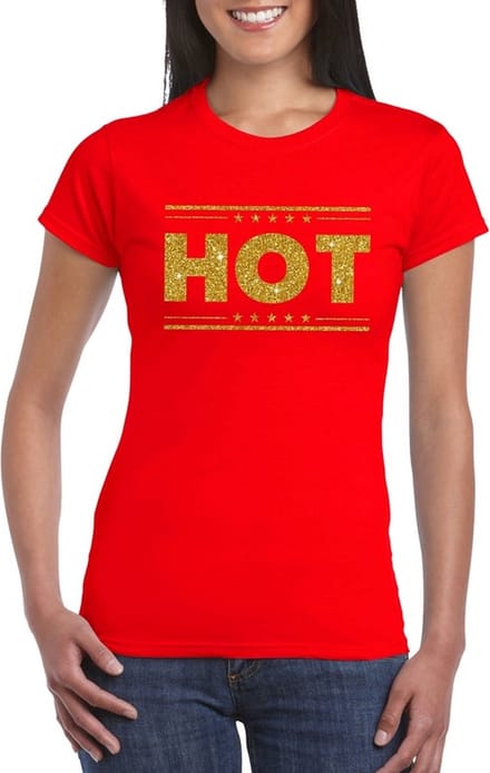 Rood Hot shirt in gouden glitter letters dames M