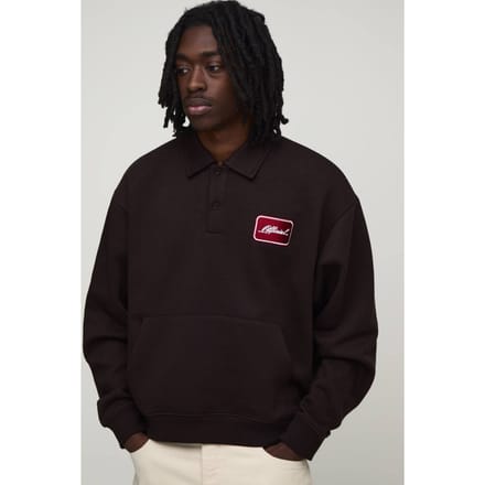Heavyweight Oversized Boxy Embroidered Badge Polo Sweater | Chocolate | Size Small
