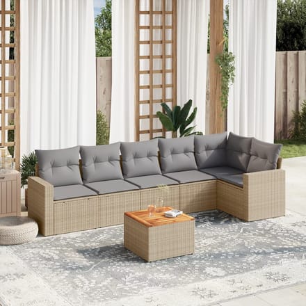vidaXL - 7-delige - Loungeset - met - kussens - poly - rattan - beige