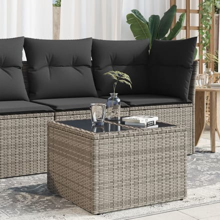 vidaXL - Tuintafel - met - glazen - blad - 55x55x37 - cm - poly - rattan - grijs