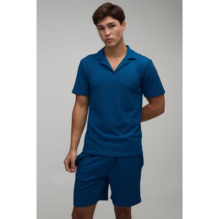 Jersey Gestructureerde Geribbelde Slim Fit Polo & Relaxed Short Set | Navy | Size Medium