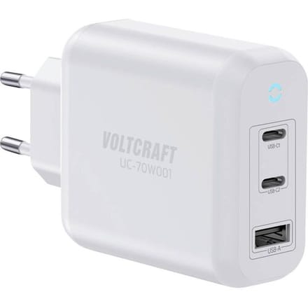 VOLTCRAFT UC-70W001 USB-oplader 70 W 1x USB-A, 2x USB-C Fast Charge, USB PD 3.2 Wit Binnen GaN