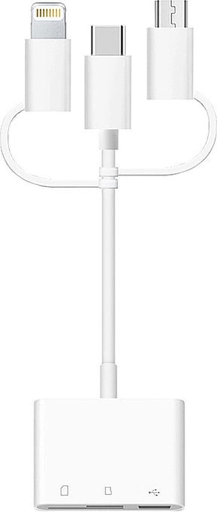 8-Pins - USB-C en Micro-USB naar USB 3.0 + SD + Micro-SD (TF) kaart lezer adapter kabel - geschikt voor iPhone en Android - wit - Provium