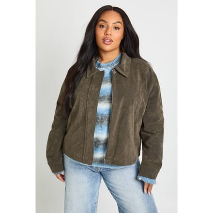 boohoo Dames PLUS SUÈDE JAS MET KRAGEN | Khaki | Maat: 28