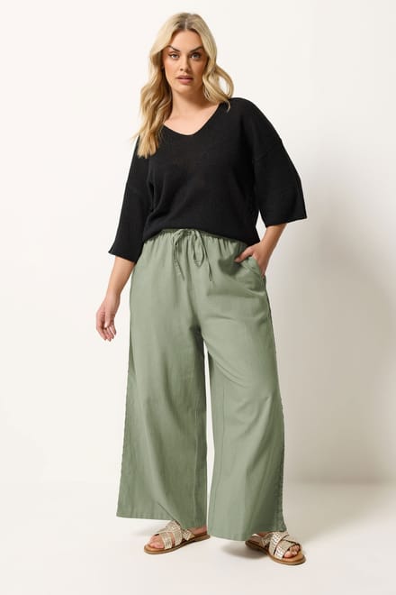 Yours Kaki Groene Linnen Broek Met Gehaakt Detail Size Regular > 46