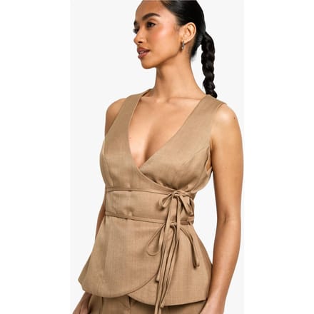 boohoo Dames Petite vest met linnenlook | Camel | Maat: 38