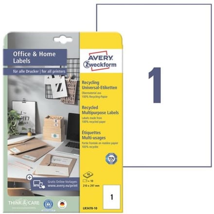 Avery-Zweckform LR3478-10 Universele etiketten 210 x 297 mm Kringlooppapier Wit 10 stuk(s) Permanent hechtend Laser (kleur), Laser (zwart/wit)