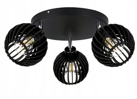 Zwarte Plafond Lamp, Loft Hout, 3xBollen, E27, Verstelbaar
