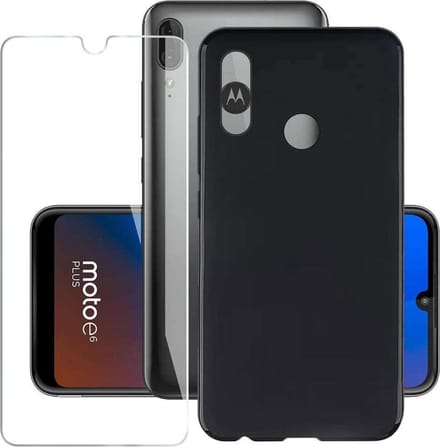 Hoesje Geschikt voor: Motorola Moto E6 Plus Soft Case Zwart + 2X Tempered Glass Screenprotector