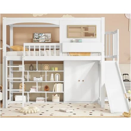 ModernLuxe Hoogslaper van hout en MDF - 90x200 cm - met planken, kledingkast en lade - Wit