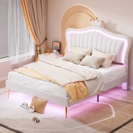 Zubaliya Kinderpolsterbed - 140x200 cm Wit - Kroonontwerp - PU-Leder - LED-Verlichting