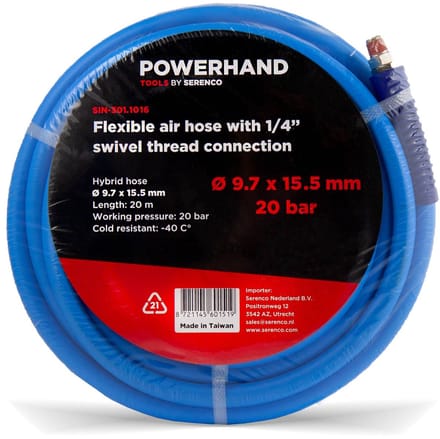 POWERHAND Flexibele Luchtslang 9,7 x 15,5mm + 1/4 Schroefdraadaansluiting - 20 meter