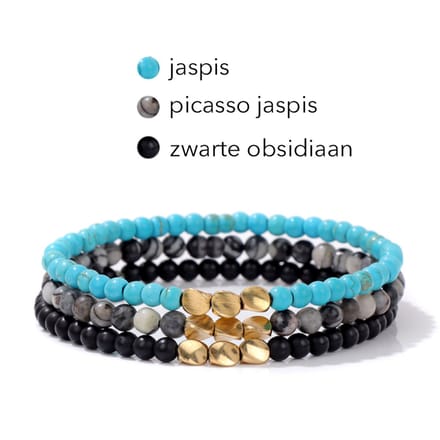 Marama - armbanden set Tibet turquoise - elastisch - edelstenen - jaspis - obsidiaan - damesarmband - set van 3
