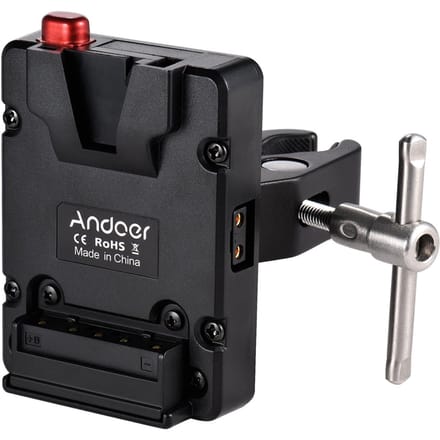 Andoer Mini Nano V-lock Mount Batterijvoeding Adapterplaat met Tangklem voor Mini V-mount zwart
